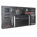 Projecta power management system panel with inverter, battery charger, battery monitor, switches, and power outlets.