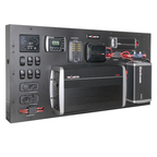 Projecta power management system panel with inverter, battery charger, battery monitor, switches, and power outlets.