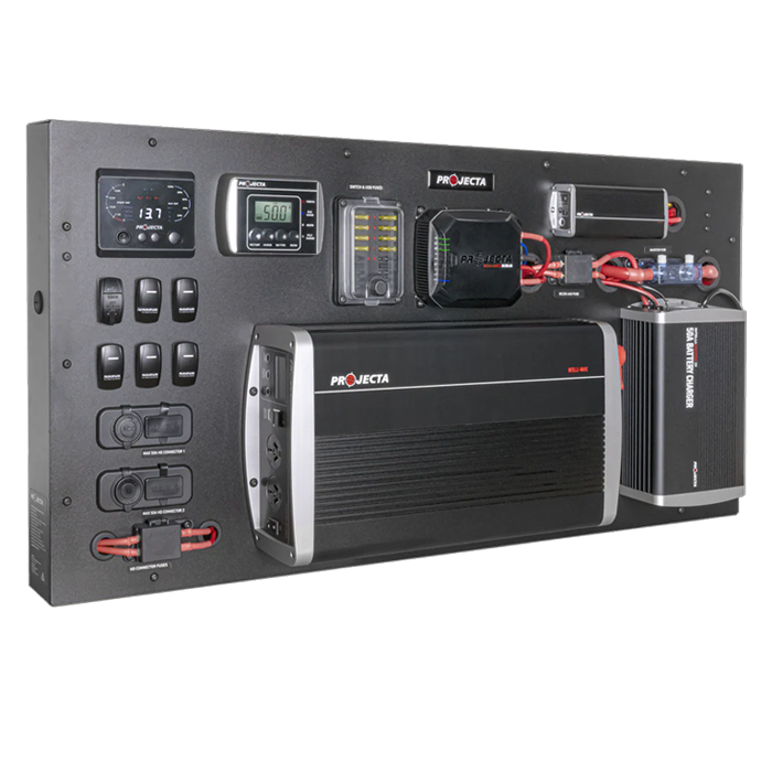 Projecta power management system panel with inverter, battery charger, battery monitor, switches, and power outlets.
