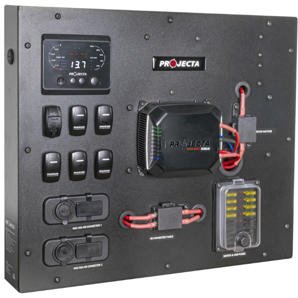 Projecta ICBDC 12V Power Management Board - front panel with switches and wiring