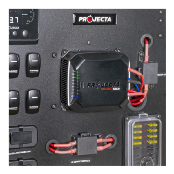 Close-up of Projecta ICBDC 12V Power Management Board - DC-DC charger with wiring connections
