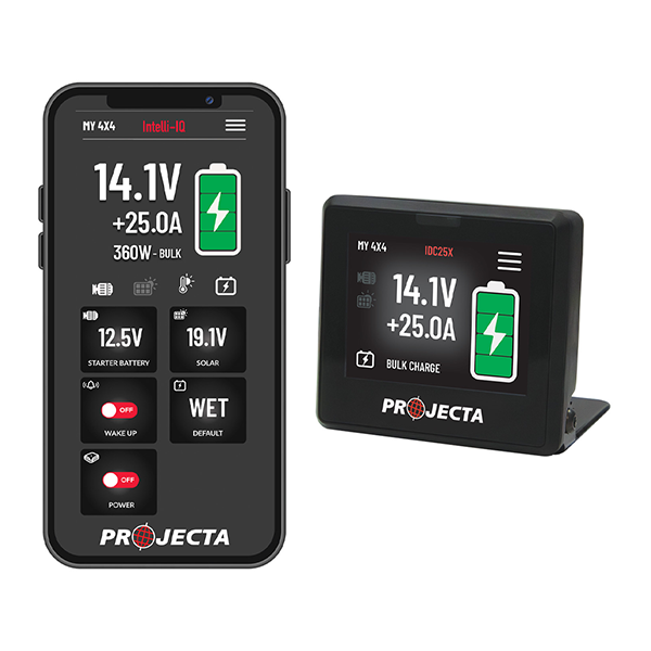 Projecta IDC25XIQ DCDC devices displaying battery voltage and status on a white background