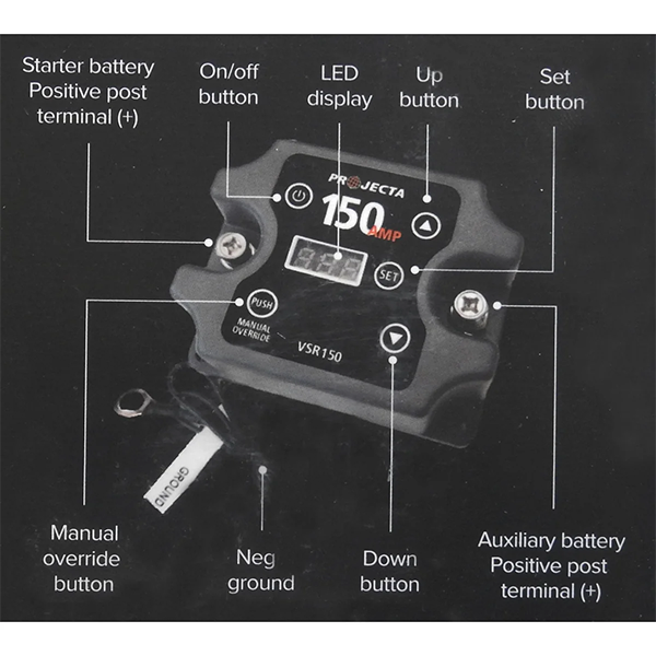 Projecta VSR150 150A Voltage Sensitive Isolator Diagram with labeled parts 