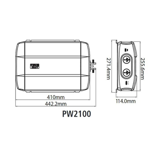 Technical dimension drawing of PW2100, with front and side views showing measurements in millimeters and centimeters 