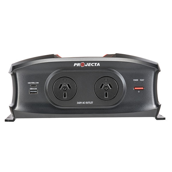 Power inverter with two outlets and a red button on a white background