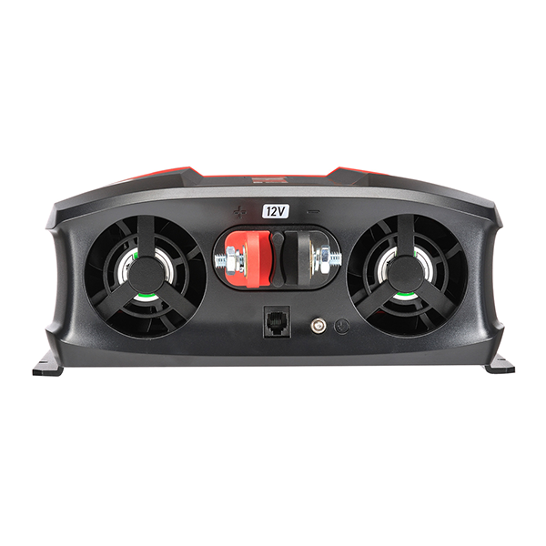 Black electronic device with fans and 12V connection on a white background