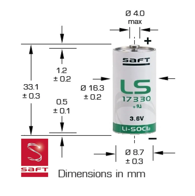 Saft LS17330 Lithium Thionyl chloride 3.6V, 2/3 A Battery - Bobbin Type Non Rechargable