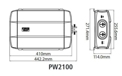 Projecta PW2100 2100W Pro-Wave Pure Sine Wave Inverter specifications diagram.
