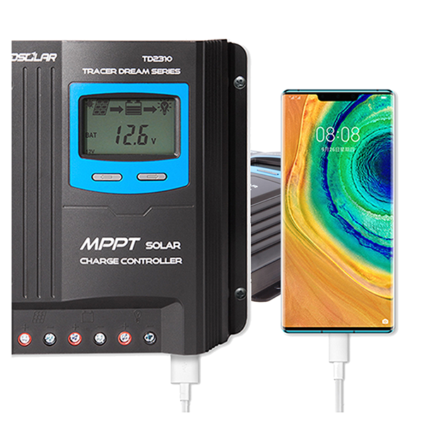 TD2310 MPPT solar charge controller with smartphone displaying a colorful screen