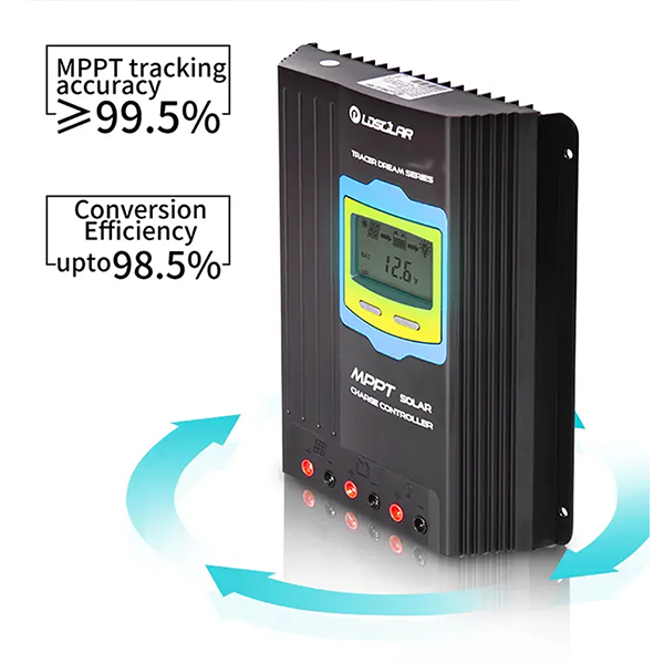 LD Solar TD2412TU 40A MPPT Solar Charge Controller - front view with MPPT tracking efficiency rating