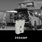 Camping scene with a vehicle under a tent, featuring a 350AMP power connector.