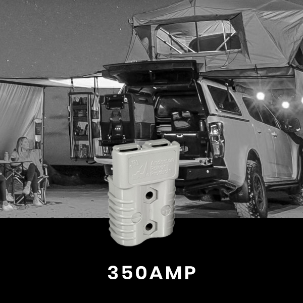 Camping scene with a vehicle under a tent, featuring a 350AMP power connector.