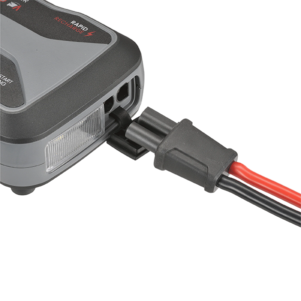 Battery charger with red and black cables on a white background