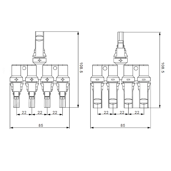MC4 T-Branch 4-to-1 solar connector technical drawing and dimensions