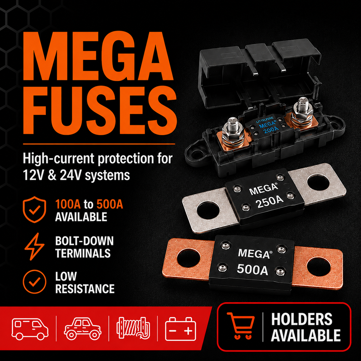 Three black high-current mega fuses with copper and silver terminals are shown on a dark background with promotional text reading 'MEGA FUSES' and feature callouts for 12V and 24V systems, 100A to 500A availability, bolt-down terminals, low resistance, vehicle and appliance compatibility, and holders available.