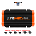 A BM-Pro ProBoost25 25A DC-DC charger in black and orange, featuring a Ford OEM selection badge at the top and vehicle type icons at the bottom on a white background.