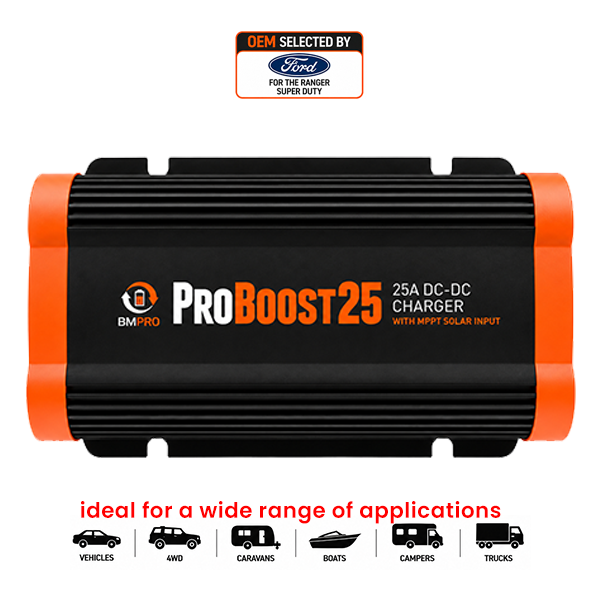 A BM-Pro ProBoost25 25A DC-DC charger in black and orange, featuring a Ford OEM selection badge at the top and vehicle type icons at the bottom on a white background.