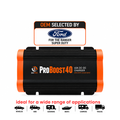 ProBoost 40 40A DC-DC charger with orange and black casing, shown on a white background with a Ford OEM selection badge and vehicle type icons below.