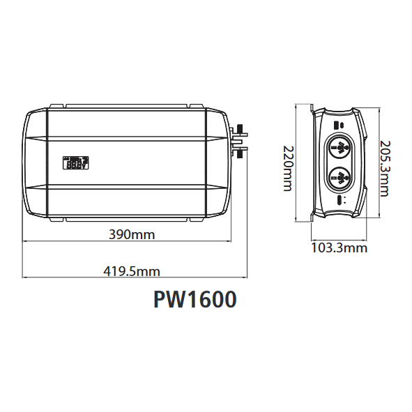 Projecta PW1600 12V 1600W Pro-Wave Pure Sine Wave Inverter dimension diagram