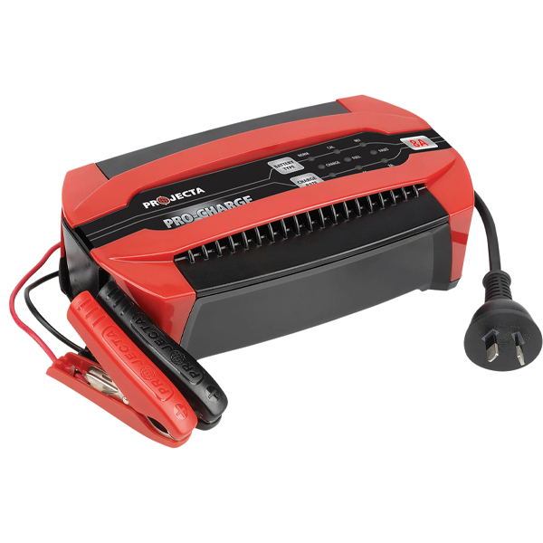 Projecta Red and black battery charger with clamps and plug.