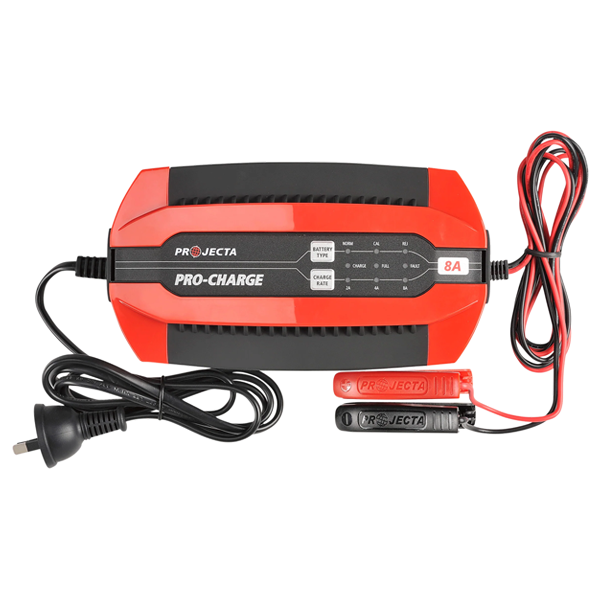 Red and black Projecta battery charger with cables PC800.