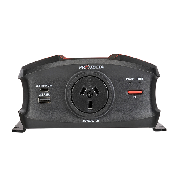 Projecta power station with AC outlet and USB ports on a white background