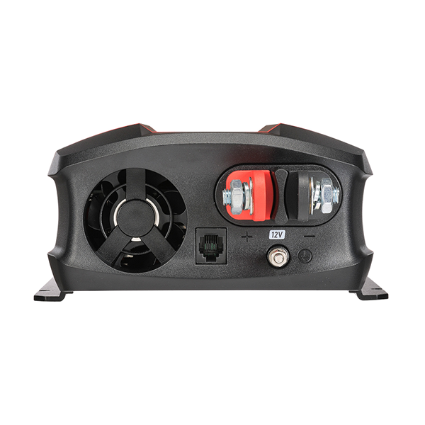 Back view of a power inverter with connectors and a fan on a white background