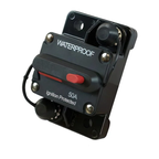 A black waterproof automotive ignition switch module with a red switch button, silver screws, and white printed text on a white background.