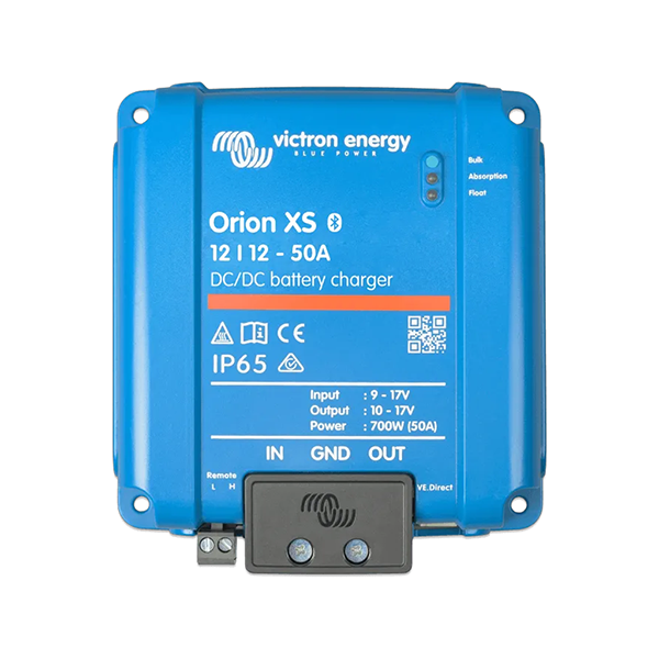 Blue Victron Energy Orion XS battery charger on a white background