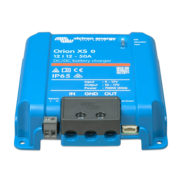 Blue Victron Energy Orion XS DC/DC battery charger with connection ports