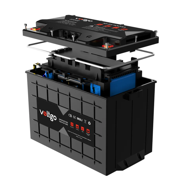 Black Voltgo lithium battery shown in an exploded view with the top cover removed, revealing internal components and blue battery cells.